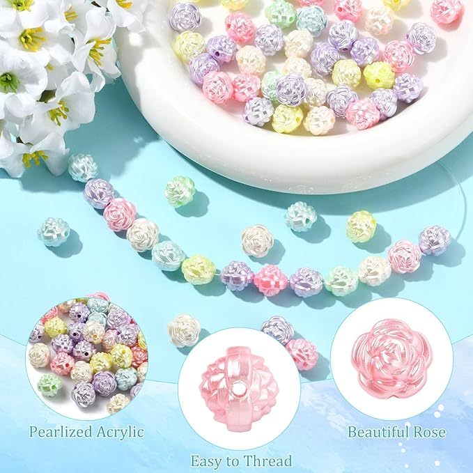 Ipotkitt 100 Pcs Imitation Pearl Acrylic Rose Beads Random Color Spring Flower Beads Valentine Rose Spacer Loose Beads for DIY Jewelry Crafts Supplies Decoration
