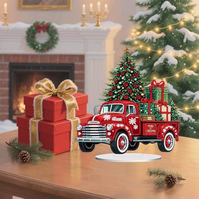 hyzsj Diamond Art Painting Tabletop Decoration, DIY 5D Christmas Truck Desktop Diamond Art Painting Kit,Arts Crafts for Home Office Tabletop Decor Gift ﻿