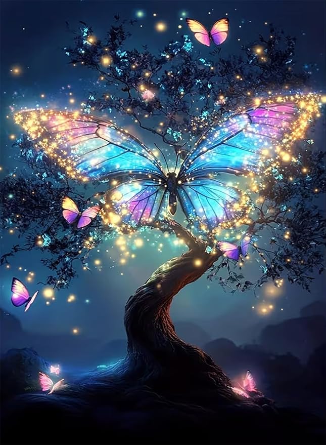 WUDWL Diamond Art Kits for Adults, Butterfly-Tree of Life DIY Modern Diamond Painting Kits 5D Diamond Dots Gem Art Crafts with Tools, Round Full Drill Crafts for Home Wall Decor&Gift-12x16in
