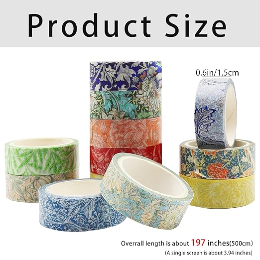 Berkin Arts 12 Rolls Art Floral Designs Washi Tape Set - 15 mm Wide Decorative Adhesive Masking Tape Cloisonnism for Scrapbook Cute Aesthetic William Morris Series
