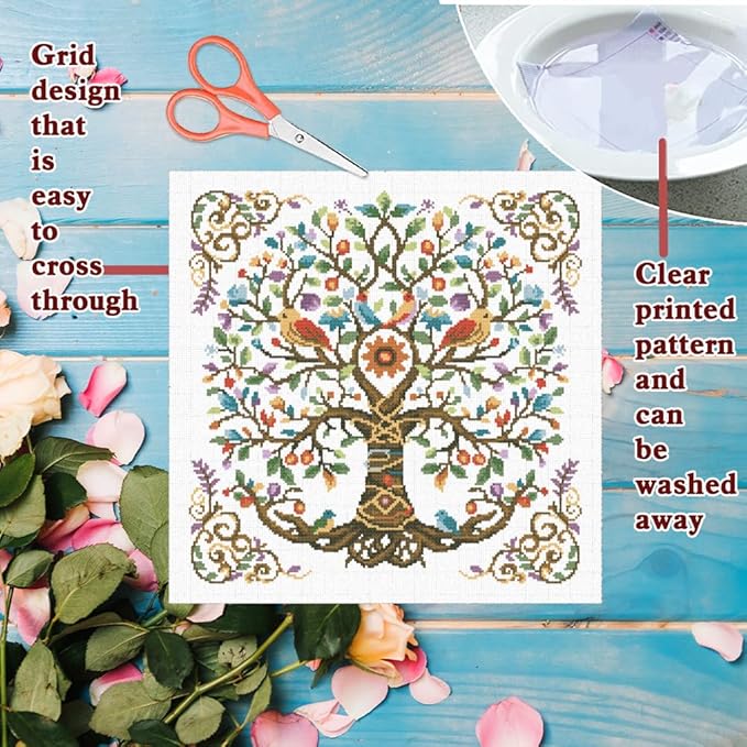 FREEBLOSS 11CT Tree of Life Printed Cross Stitch Kits Stamped Embroidery Kits with Instruction Wall Hanging Kit for Needlepoint Adults Wall Art Decoration 18x18in/45x45cm