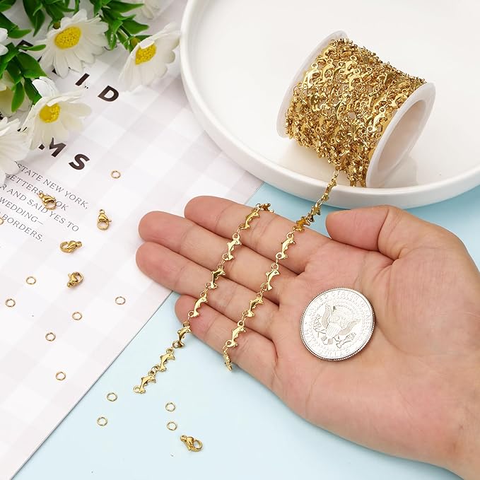 Kyutong 4 Meters Gold Plated Jewelry Making Chains on Spool Dolphin Shape Craft Jewelry Findings Stainless Steel Necklace Chain Bulk with Clasps for Women Men Make Handcrafts
