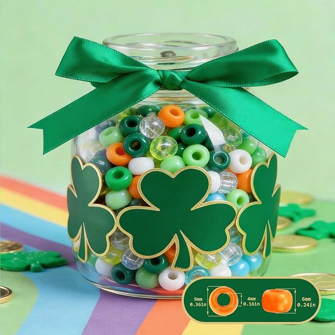 Spring Nature Pony Beads 1000pcs, Green Orange White Glitter Bead Mix, 9mm Craft Beads for Bracelets, Jewelry Making, DIY Shamrock Decorations, Crafts Party Kit