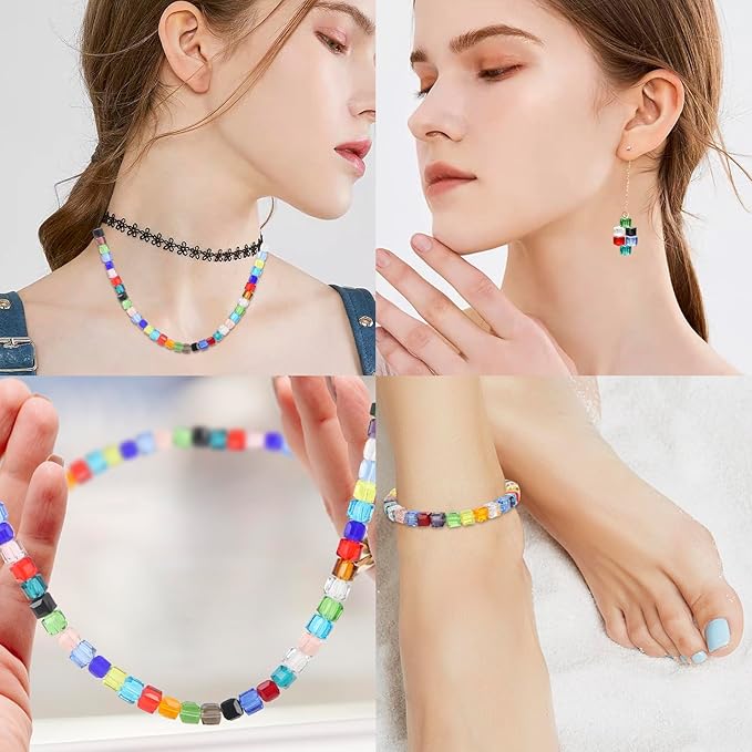 100 Pcs 8mm Cube Crystal Glass Beads for Jewelry Making, Square Crystal Beads with Box, Crystal Spacer Beads for DIY Craft Bracelets Charms Wind Chimes (Transparent)