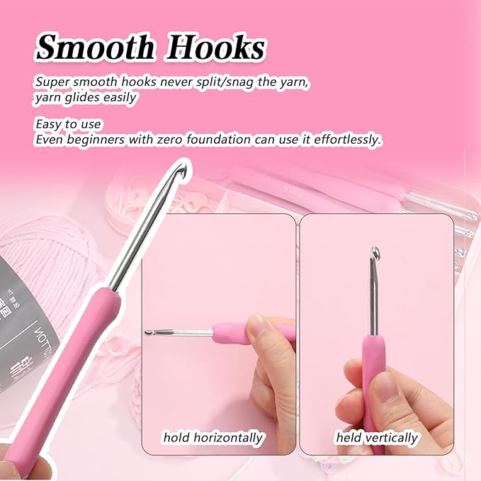 9 Size (2.0mm-6.0mm) Pink Ergonomic Crochet Hooks Set Case Crochet Needles with Soft Comfort-Grip Handles for Beginners Arthritic Seniors Hands
