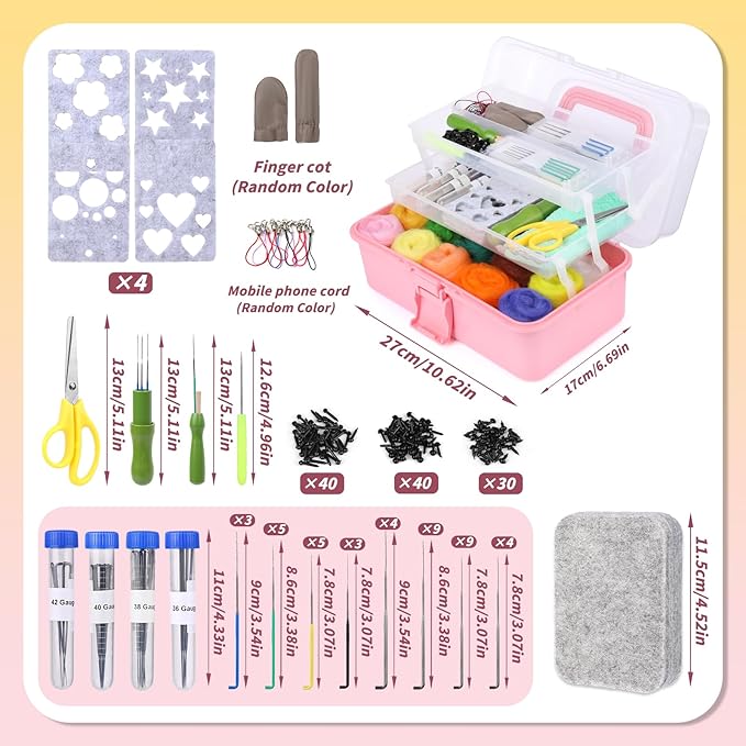 JUPEAN 221 Pcs Needle Felting Kit Needle Felting Starter Kit Needle Felting Supplies Including 43 Color Wool Roving Felting Molds Foam Mat and 4 Sizes Felting Needles for DIY Craft Project