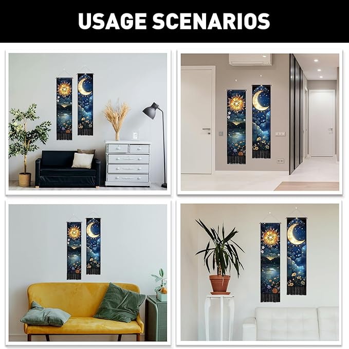 PLIGREAT 2 Pack Sun Moon Tapestry with Tassels, 52" x 13" Stained Glass Aesthetic Wall Hanging Vertical Flower Home Art Tapestry for Bedroom Living Room Bathroom Long Narrow Wall Hanging Art Decor