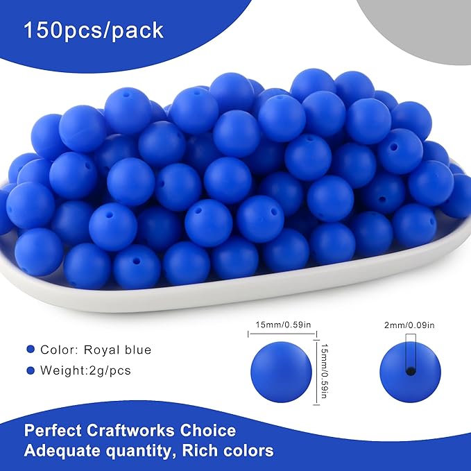 150Pcs 15mm Silicone Beads for Keychain Making Bracelet Necklace, Bulk Round Silicone Beads for Pens（Royal Blue）