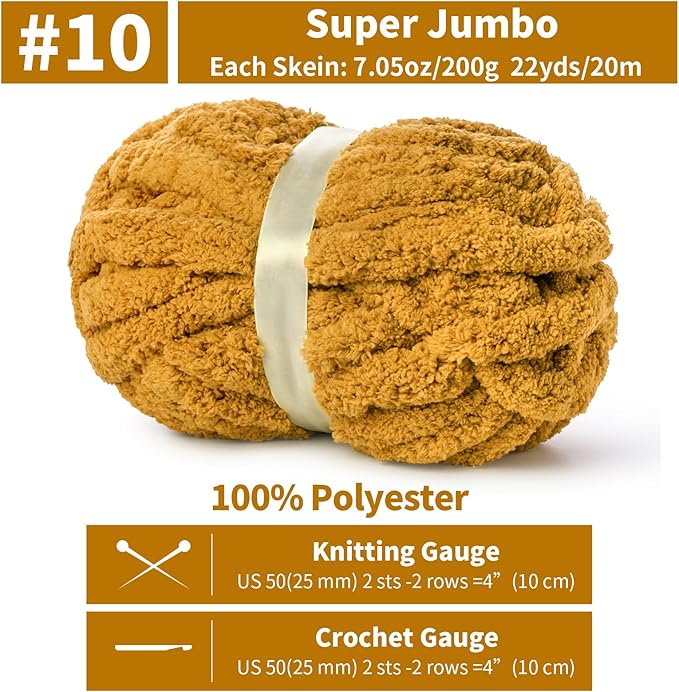 10 Pack Jumbo Chenille Yarn for Crocheting, #10 Super Bulky Baby Soft Yarn for Hand Knitting, 220 yds /70.5 oz Fluffy Chunky Knit Throw Blanket Yarn (Turmeric)