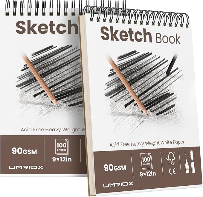 umriox 9" x 12" sketch book, 2-pack sketch pad (100 sheets each), top spiral bound sketchbook, acid-free drawing paper, art drawing pad for artists, students and designers