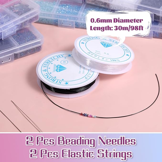 32000 Pcs 2mm Glass Seed Beads Small Craft Beads and 12000 Pcs 7mm Tube Bead Set, Glass Seed Bead Kit for DIY Bracelet Necklaces Crafting Supplies with Elastic Strings Beading Needles 96 Colors