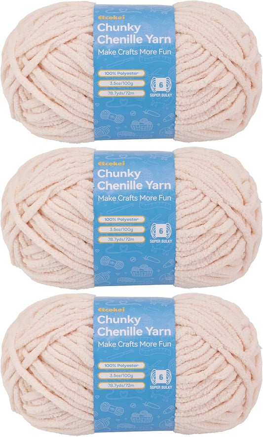 Chenille Yarn #6, Super Bulky Blanket Yarn for Crocheting & Knitting, Extra Soft Chunky Thick Yarn, Easy to Crochet, Perfect for Amigurumi, Baby Blankets, DIY Home Decor, 3Skeins(300g/10.5oz), Beige