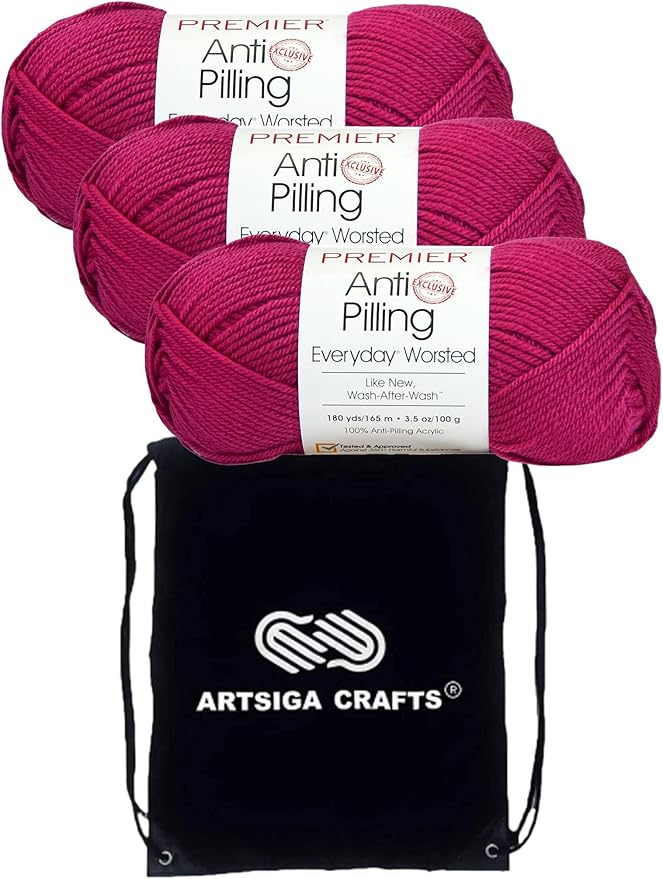 Premier Yarns Everyday Anti-Pilling Solid Berry DN100-75 (3-Skeins - Same Dye Lot) #4 Worsted Weight Acrylic Yarn for Crocheting and Knitting with Project Bag