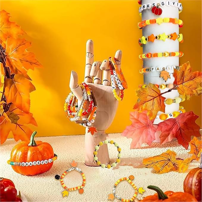 1470Pcs Fall Bracelets Kit - Thanksgiving Fall Beads for Jewelry Making - Autumn Maple Leaf Pumpkin Clay Beads Pearl Star Round Loose Spacer Heishi Beads for Necklace Earrings DIY Craft