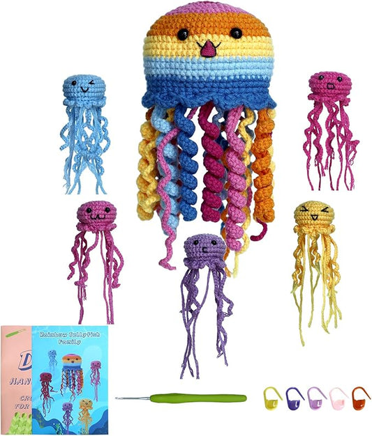 Fortilo Crochet Kit for Beginners 6PCS Crochet Animals Jellyfish Family with Step-by-Step Video Tutorials 30% Extra Yarn, Perfect for Gifts, Emotional Support, Ideal Knitting Kit for Adults, Kids