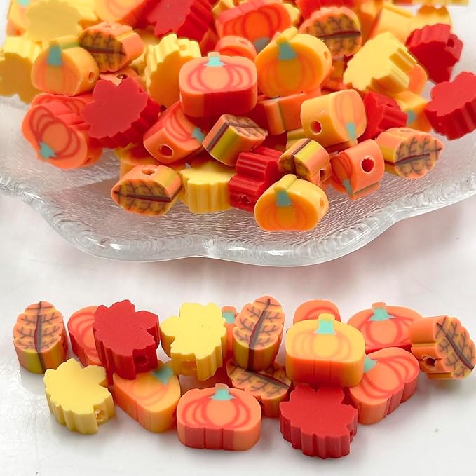 Polymer Clay Fall Pumpkin Maple Loose Spacer Beads, 10mm Thanksgiving Autumn Maple Leaves Pumpkin Beads Charms for DIY Hair Clip Necklace Bracelet Jewelry Earring Handmade Craft Making