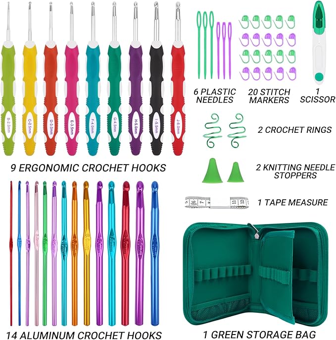 Hobekoee 23 Sizes Crochet Hooks Set with Case,2mm-10mm Ergonomic Crochet Needles for Arthritic Hands,Complete Crochet Kit for Beginners and Experiencer