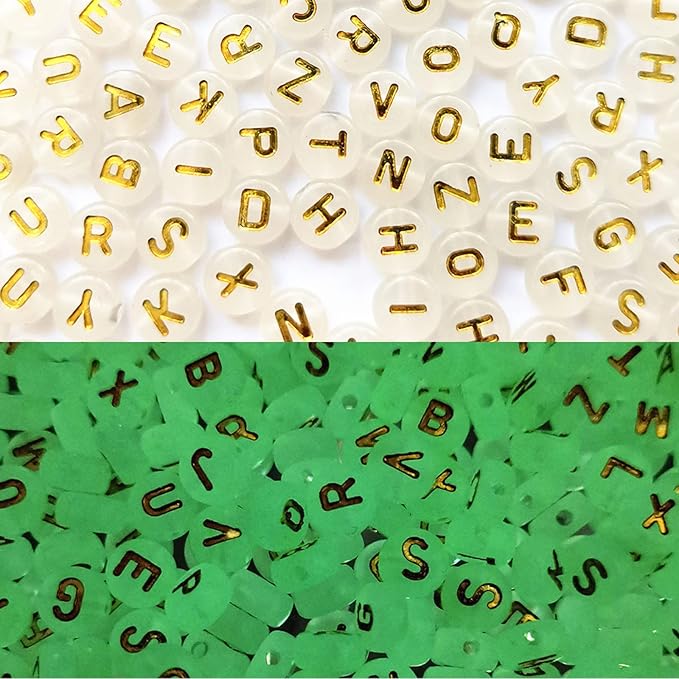 Amaney 1000pcs Alphabet Letter Beads 4x7mm Gold on White Glow in The Dark for Jewelry Making