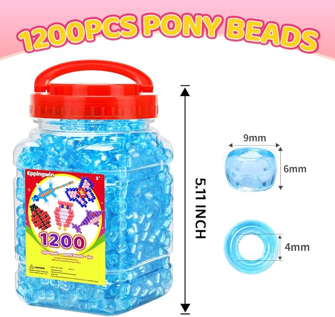 eppingwin 1200pcs pony beads for bracelets, 6x9mm kandi beads for hair braids, easy storage pony bead for jewelry making (blue transparent)