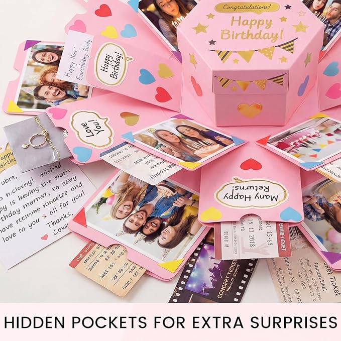 Koogel Explosion Gift Box, Surprise Picture Love Box Pink Exploding Photo Album with DIY Scrapbooking Accessories for Birthday Wedding
