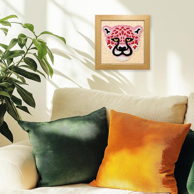 INFUNLY Punch Needle Frame Kits Pink Leopard Punch Needle Embroidery Set with Patterns 9.4x9.4 DIY Punch Needlework Kit for Beginners with Yarn Fabric Festival Gift Home Decor