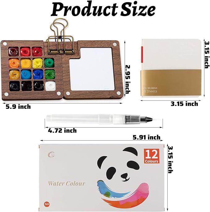 Mini Watercolor Paint Set Pocket Artist Watercolor Travel Set with Mini Paint Palette,Brushes, 12 Colors, Watercolor Sketchbook for Artists Painters Students(Wood)