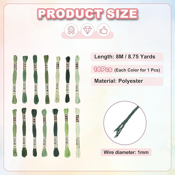 PATIKIL 14 Skeins Embroidery Floss, Polyester Embroidery Threads Bracelets String for Cross-Stitch Hand Embroidery, Multicolored Grass Green