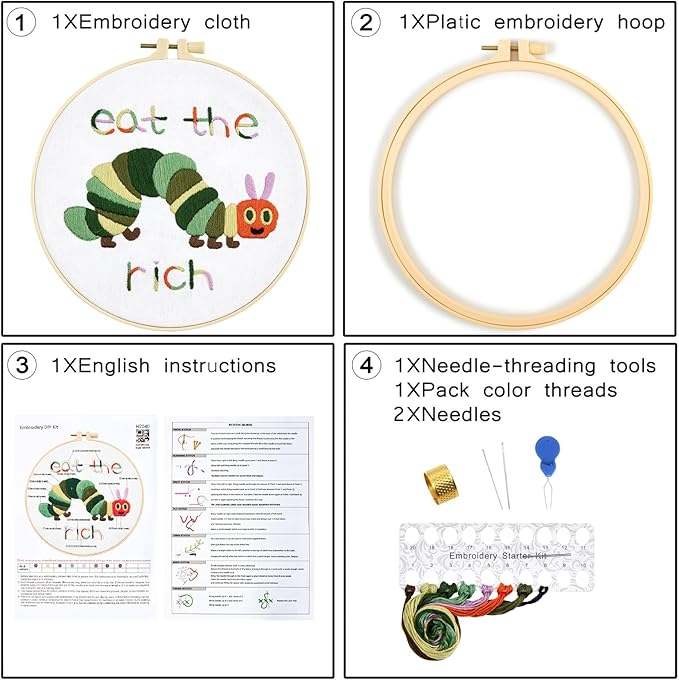Hungry Caterpillar Embroidery Kits for Beginners Adults, Cute Embroidery Starter Kits, Counted Cross Stitch Kits for Beginners DIY Craft Kits for Adults Women, Embroidery Hoop, Thread & Video Tutorial