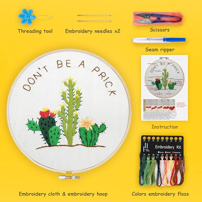 BERYA Cactus Embroidery Kit Including Video Step by Step Instructions Embroidery Hoop,Color Threads and Embroidery Scissors for Beginners-Handmade Needlepoint Kits for Adults