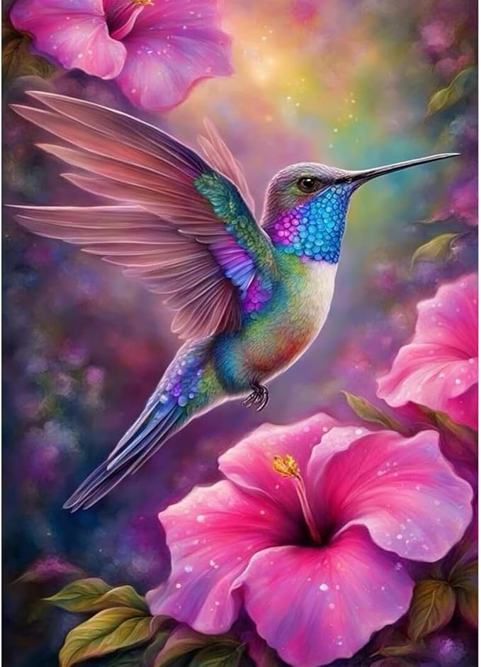 Fountor Hummingbird Diamond Art Kits for Adults, Bird Flower Diamond Painting Kits for Adults Beginners, DIY 5D Round Full Drill Gem Art Crafts Kits for Home Wall Decor 12x16 Inch