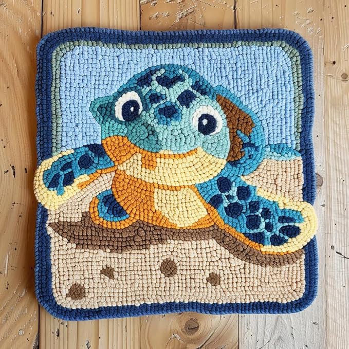 Generic Cartoon Sea Turtle Latch Hook Rug Kit for Beginner Easy Little Mat with Printed Canvas DIY Hook Making Crochet Yarn Craft Tapestry for Decoration and Gift 12x12inch, As Main Picture