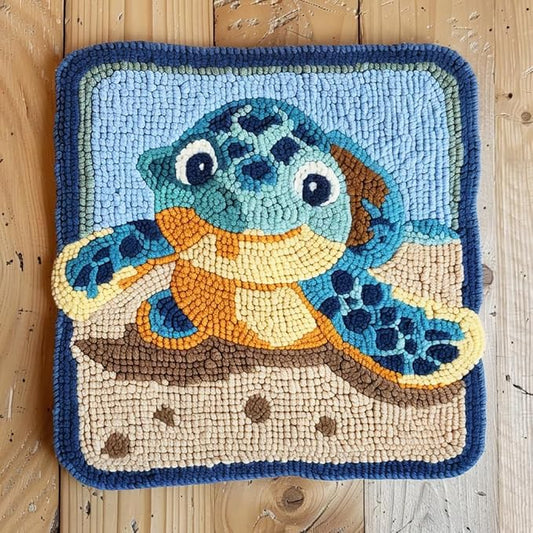 Generic Cartoon Sea Turtle Latch Hook Rug Kit for Beginner Easy Little Mat with Printed Canvas DIY Hook Making Crochet Yarn Craft Tapestry for Decoration and Gift 12x12inch, As Main Picture