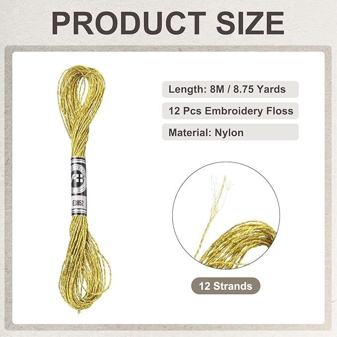 PATIKIL 12 Skeins Embroidery Floss, Metallic Embroidery Thread Nylon Threads Bracelets String for Cross-Stitch Hand Embroidery, Gold Tone
