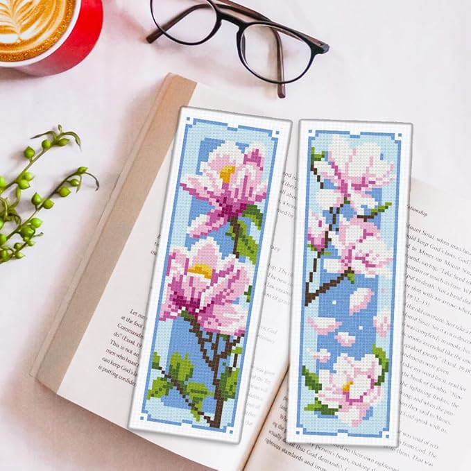 ORIGACH 6 Set Magnolia Cross Stitch Bookmark Kits for Beginner, Flowers Stamped Cross Stitch Kits with Instructions for Adults Bookmarks Lovers