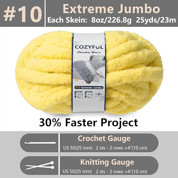 Chunky Yarn for Hand Knitting - #10 Chunky Chenille Yarn, Jumbo Big Thick Chunky Yarns for Crocheting, Super Bulky Chunky Knit Blanket Yarns, 8 Skein (25 yds 8 oz Each Skein), Yellow