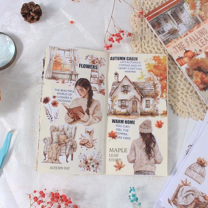 Cozy Autumn Journaling Sticker Book, 20 Sheets Pe-Cut PET, Washi Tape, and Craft Paper Stickers for Junk Journal Supplies, Aesthetic Fall Stickers for Bujo, Collage, Scrapbook Supplies