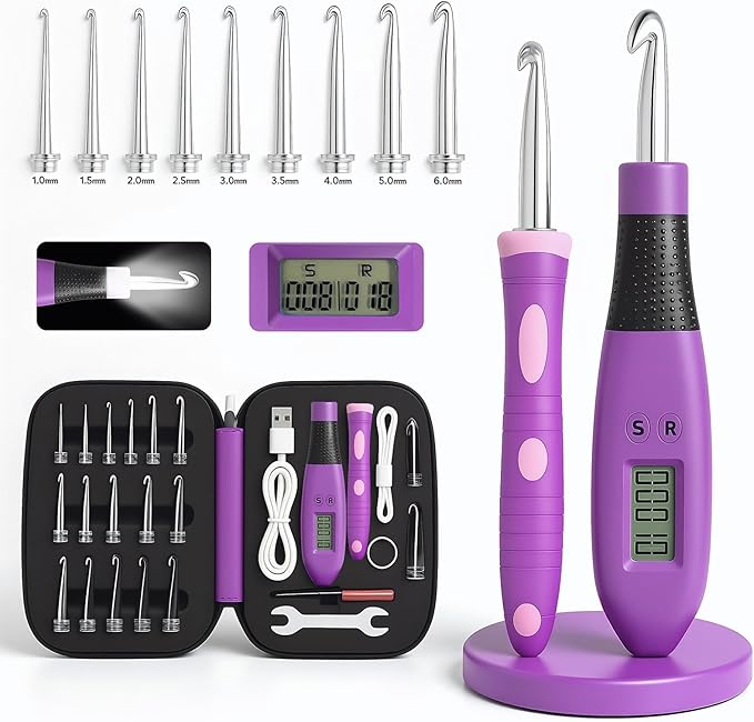 Light up Crochet Hook Set Counting Set Digital Crochet Kit Ergonomic with Lighted Led and Stitch for Crocheting and Knitting