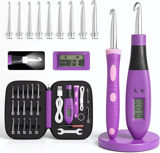 Transplant Crochet Hook Set with Stitch Counter,Crochet Kit with 24 Different Size Interchangeable Crochet Needle,Ergonomic with 2 Levels Led and Digital Stitch Counter for Crocheting and Knitting