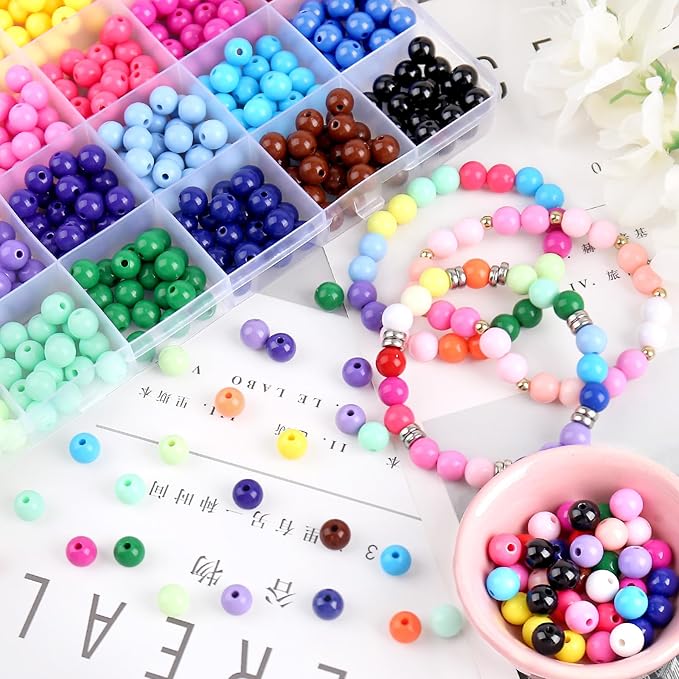600Pcs 8mm Candy Color Acrylic Round Beads, 24 Colors Assorted Plastic Bubble Gum Beads with Hole Loose Beads Bulk for Bracelets Necklace Jewelry Making DIY Crafts