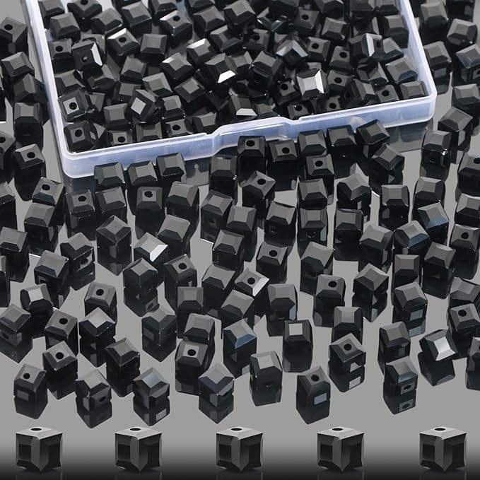 100 Pcs 8mm Cube Crystal Glass Beads for Jewelry Making, Square Crystal Beads with Box, Crystal Spacer Beads for DIY Craft Bracelets Charms Wind Chimes (Black)