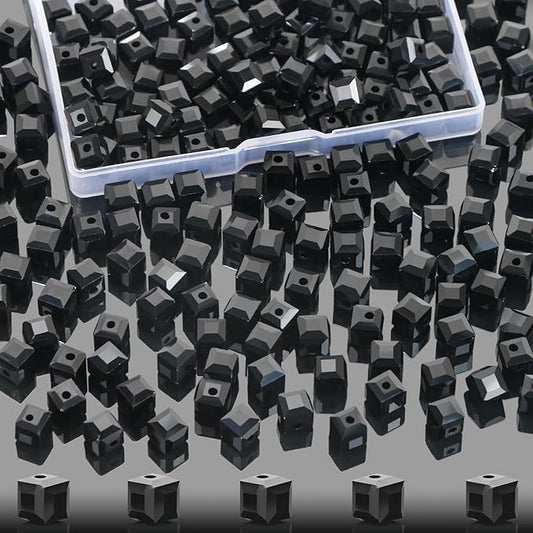 100 Pcs 8mm Cube Crystal Glass Beads for Jewelry Making, Square Crystal Beads with Box, Crystal Spacer Beads for DIY Craft Bracelets Charms Wind Chimes (Black)