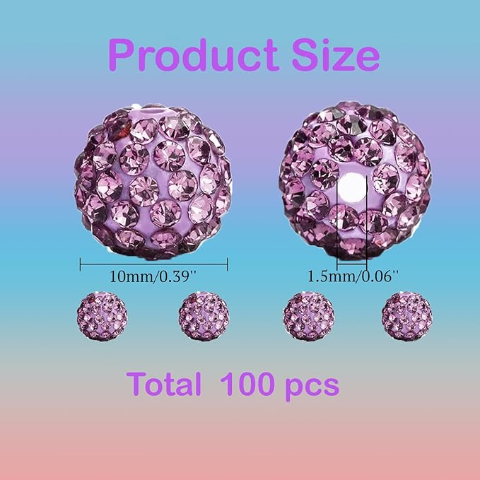 10mm Grade A Rhinestone Beads for Baseball Necklace-Round Disco Ball Bead Rhinestone Clay Beads for Earring Jewelry Making,Necklace Bracelet,DIY Craft Supplies(100 pcs Light Purple)