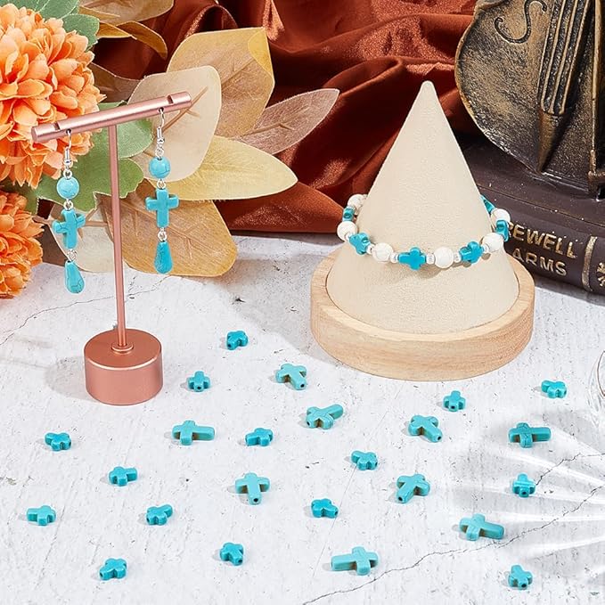SUNNYCLUE 1 Box 100Pcs Cross Beads Bulk Blue Synthetic Turquoise Stone Cross Bead Charms Mini Small Pocket Crosses Tiny Easter Holiday Crucifix Beads for Jewelry Making Beading Kits Craft Supplies