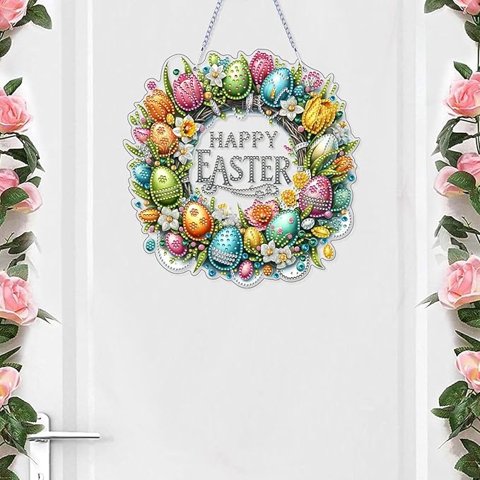 VODAPYC Easter Wreath Diamond Art Hanging Kits for Adults, DIY Double Sided Partial Special Shaped Diamond Art Window Pendant Ornament(Happy Easter Wreath)