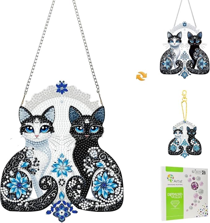 Masendp Two Cats Diamond Painting Hanging Decoration Kit, DIY Special-Shaped Rhinestone Window Hanging Kit, Suitable for Home and Garden Wall Decoration Gift