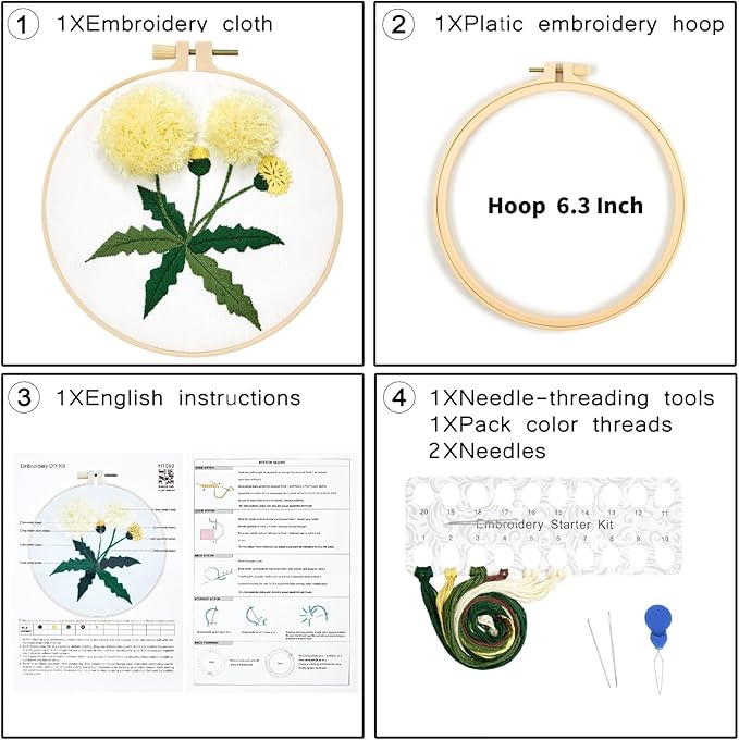 Dandelion Flower Embroidery Kits for Beginners Adults, Hand Embroidery Starter Kits, Cross Stitch Kits for Beginners DIY Craft Kits for Adults Women, Entire Set of Embroidery Supplies & Video Tutorial