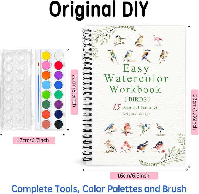 SLWBZ Watercolor Workbook Birds, 15 Different Patterns of Original DIY Designs, 16 Color Watercolor Paint Plates with Palette and Brush, Beginner-Friendly Watercolor Workbooks, Birds