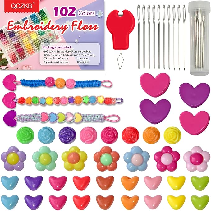 QCZKB Friendship Bracelet String 102 Skeins Fashionable Rainbow Color Embroidery Floss Cross Stitch Embroidery Thread Bracelet Yarn, Craft Floss with Beads，Tool kit