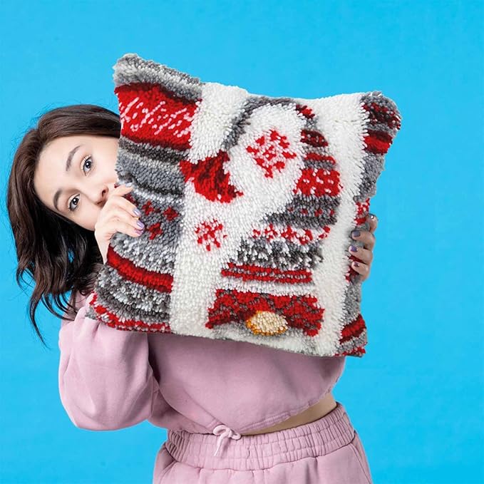 DL-YTG DIY Latch Hook Kits Throw Pillow Christmas Hat Cover Rug Pattern Color Printed Canvas16X16 inch, Crochet Needlework Crafts for Adults