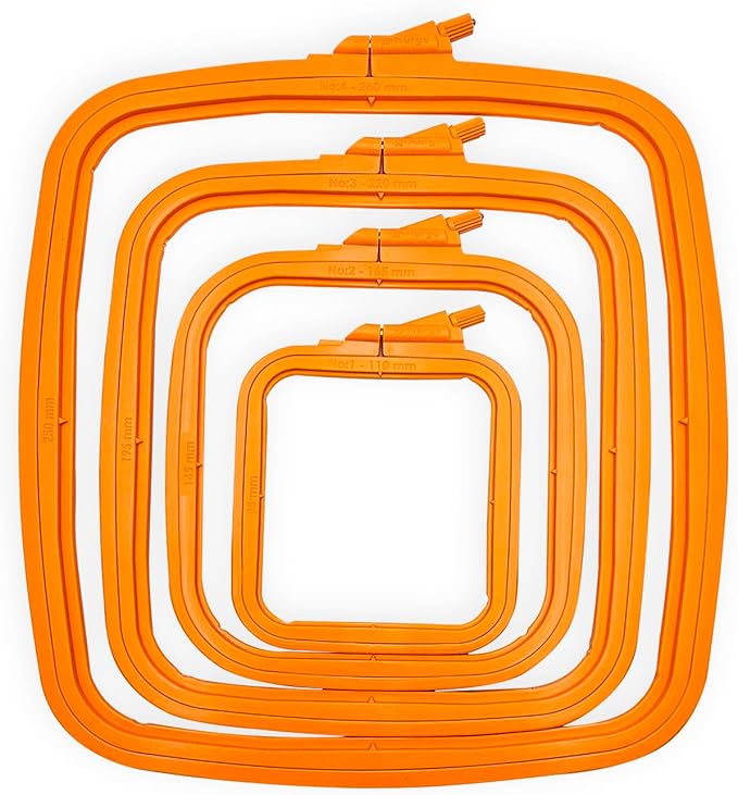 nurge square embroidery hoop - plastic cross stitch frame for needlepoint & embroidery - adjustable craft hoop - orange - set of 4